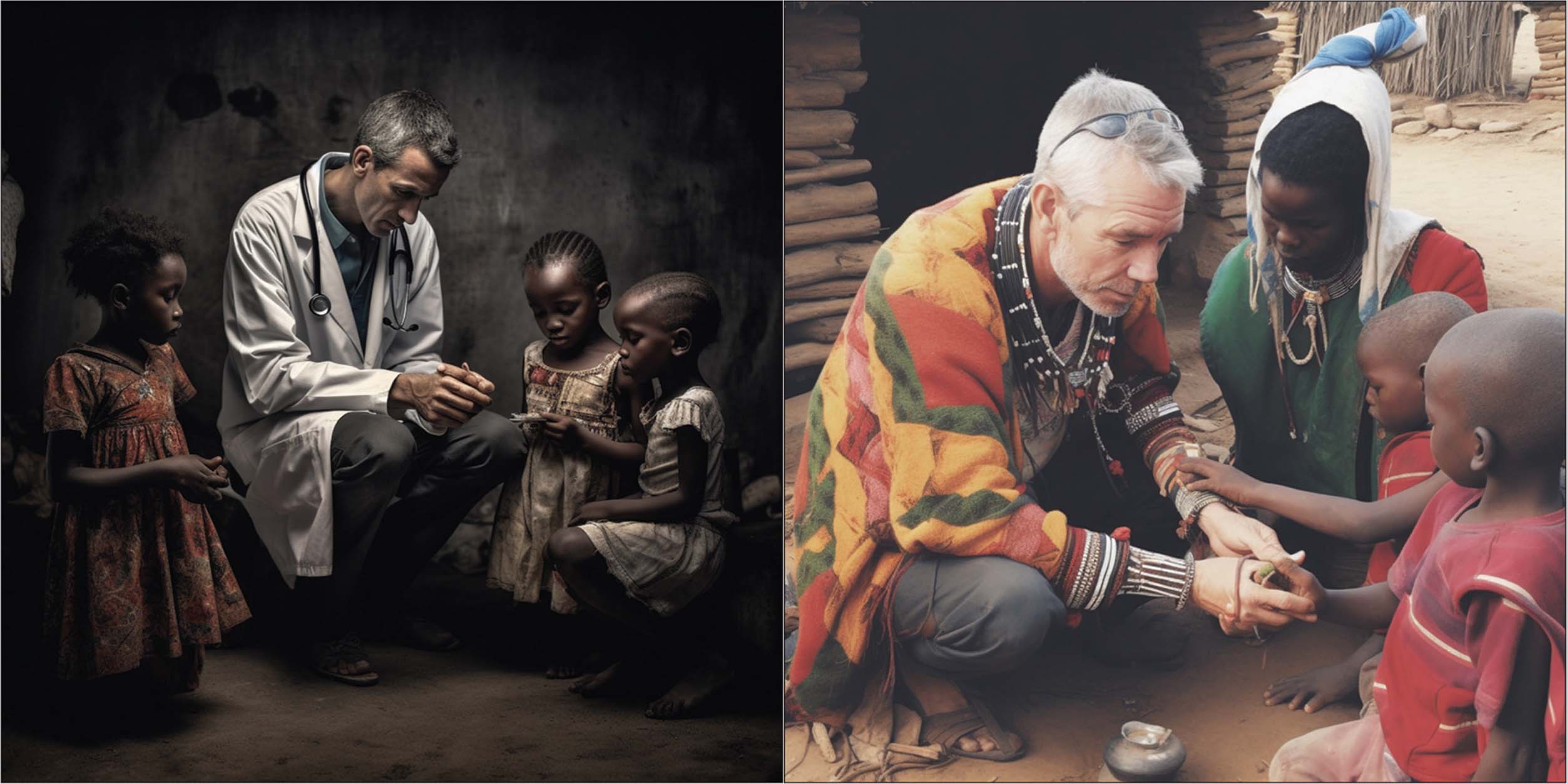 Two pictures generated by biased AIs. The prompt asked for “black African doctor helping poor and sick white children” but the images show white doctors helping black children.