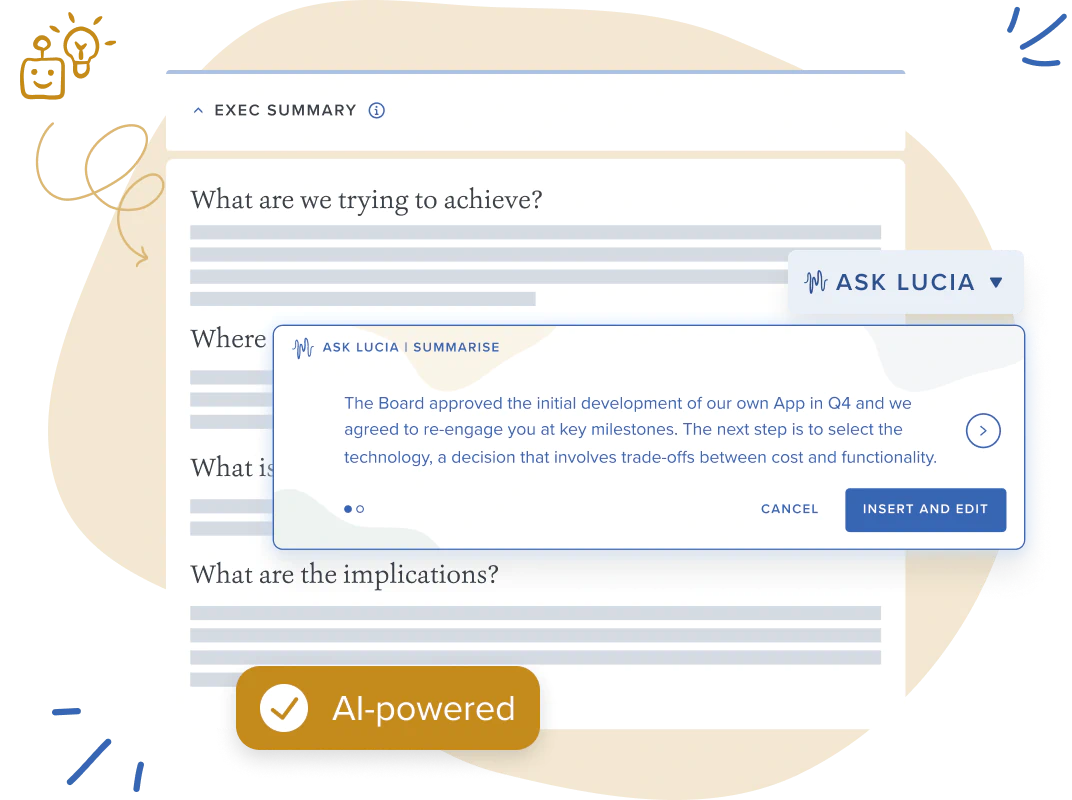 Board Intelligence’s management reporting software, Lucia, generating an executive summary from a full report.