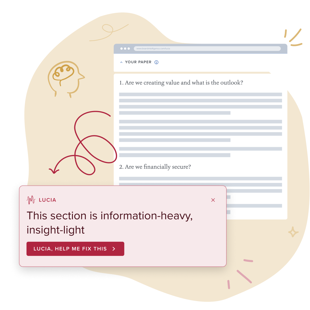 Board Intelligence’s management reporting software, Lucia, telling a report writer that the content is information-heavy but insight-light.